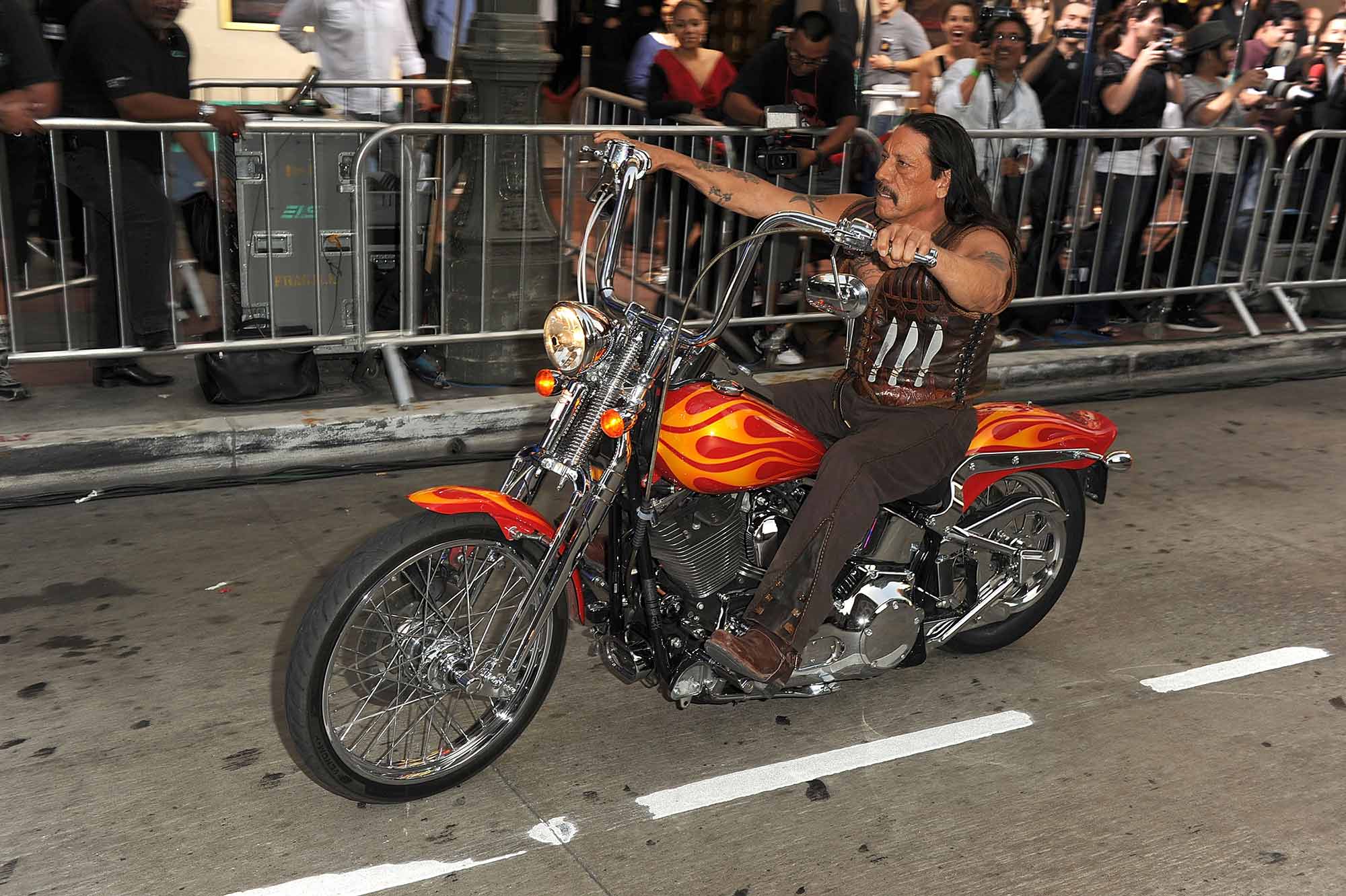 Danny Trejo arrived in style for the Machete premiere. He’s on a custom Harley Softail Springer. 